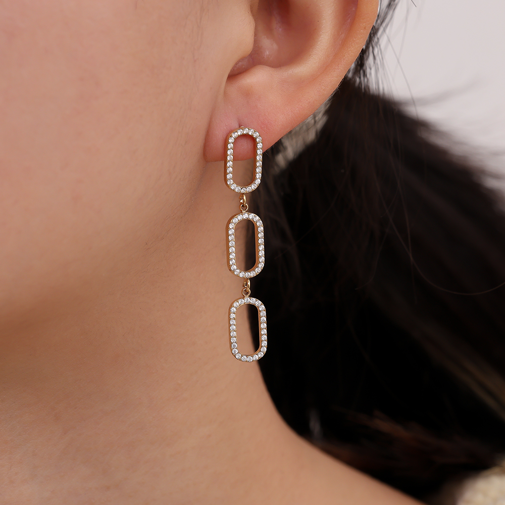 0.8*4.5cm Three Diamond Ovals Stainless Steel Earrings       