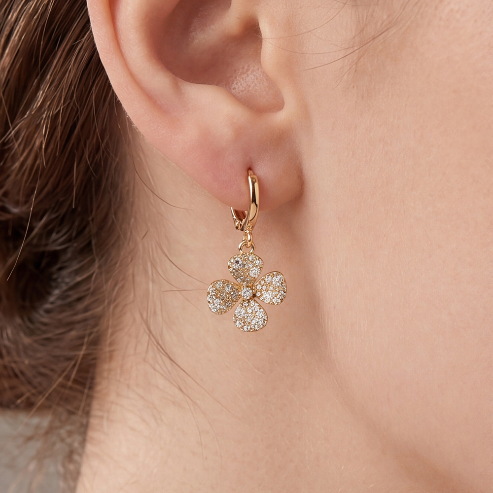 Gold-plated earrings, 28mm four-petalled zirconia flower  