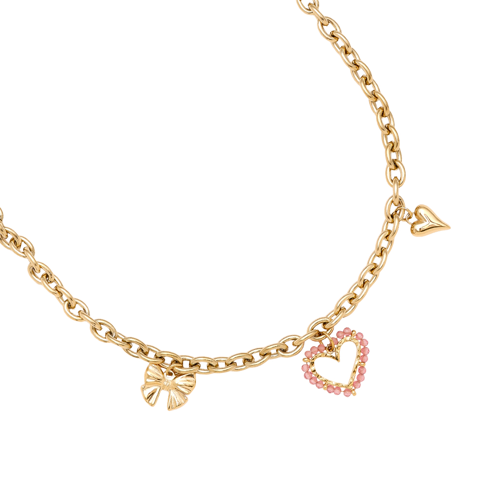 42cm Pink Heart And Charms Stainless Steel Necklace      