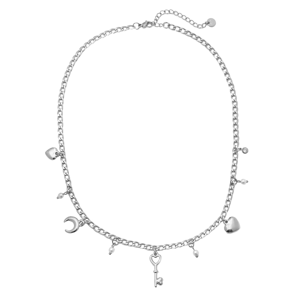 41cm heart moon key and pearl stainless steel necklace