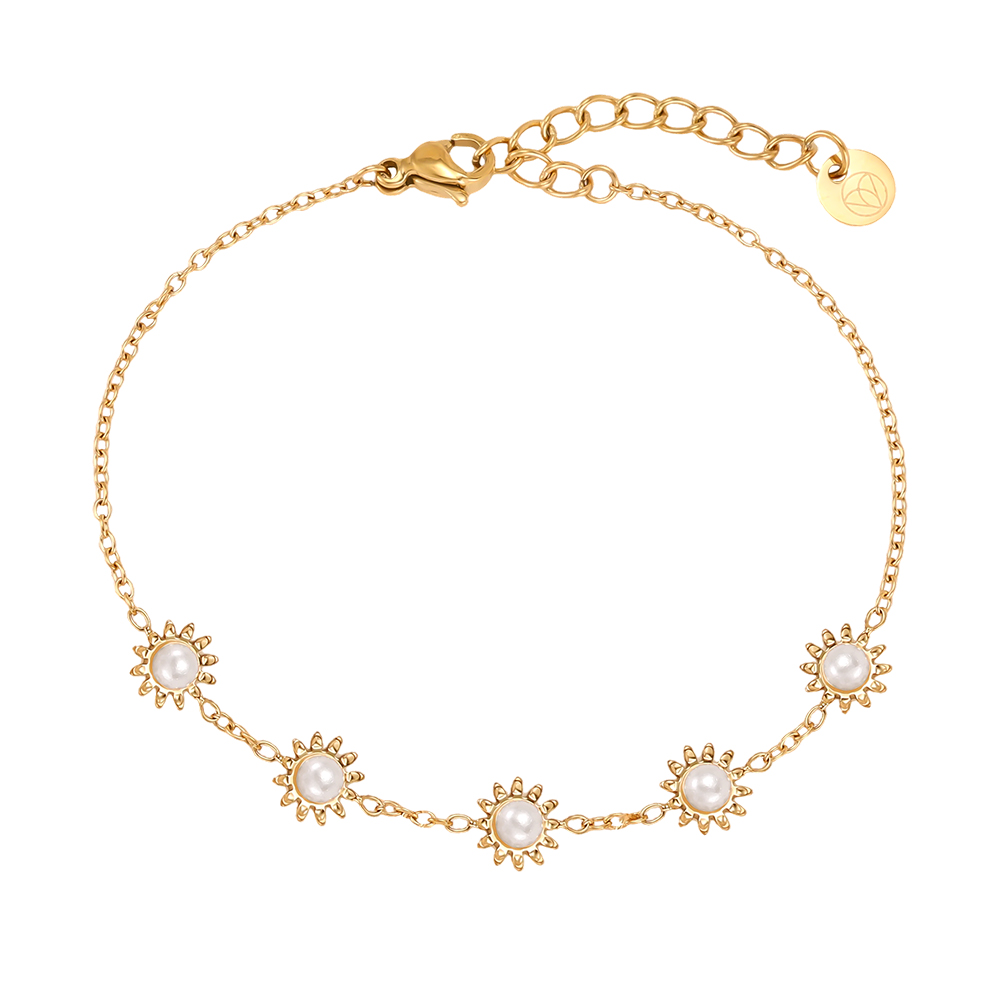 Stainless steel bracelet 17cm five sunflowers with faux pearls  