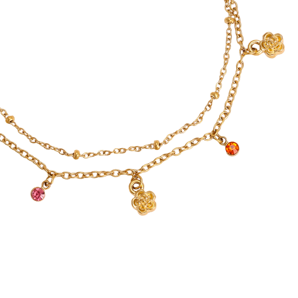 Stainless steel bracelet, 17cm, with a small flower and colourful cubic zirconia