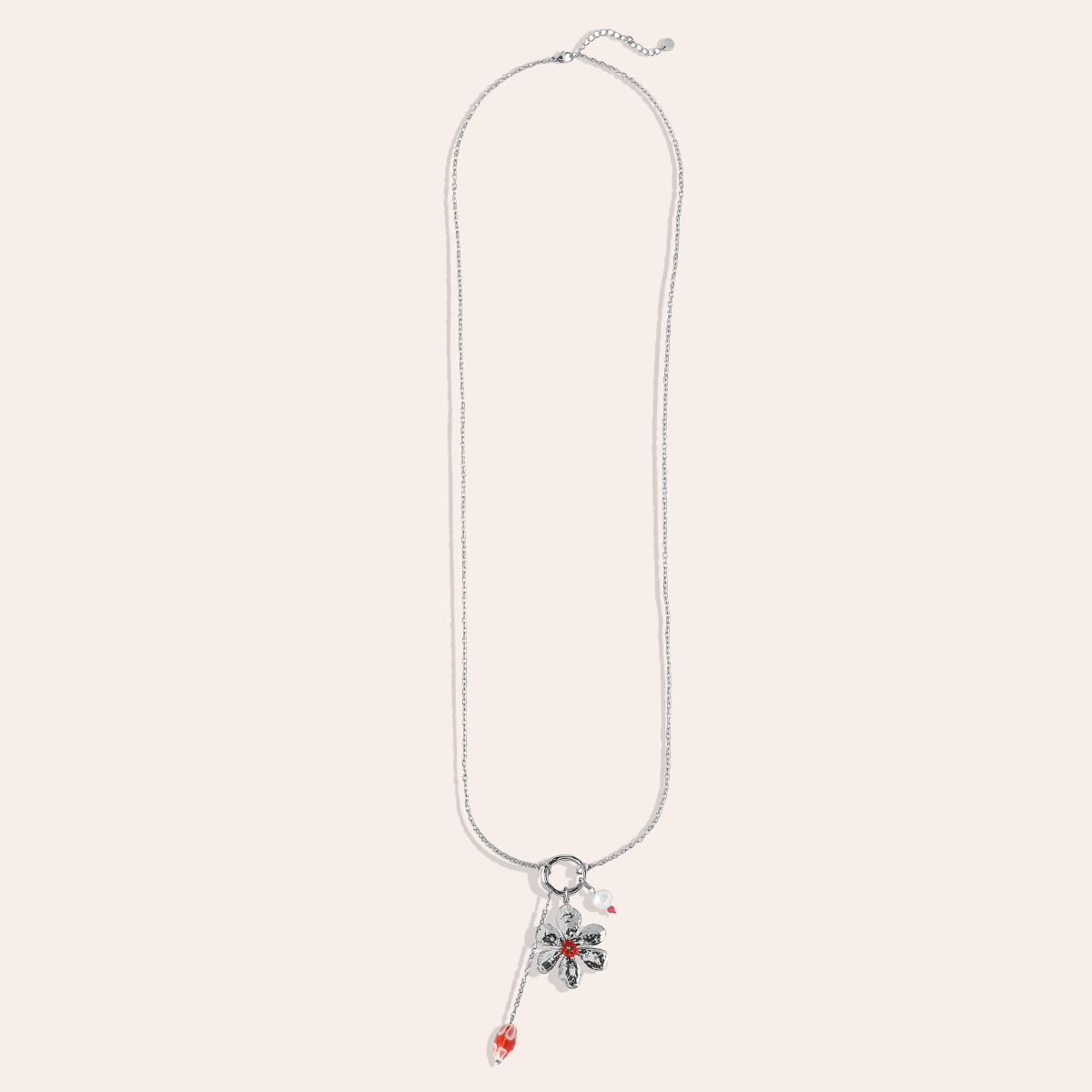 Stainless steel necklace, 80cm, with a large flower and red decoration  
