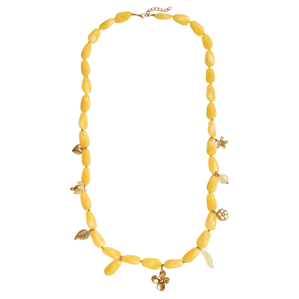 90cm elongated acrylic pieces and golden flower pendant stainless steel necklace      