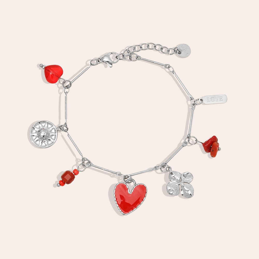 16cm red heart and flower stainless steel bracelet     