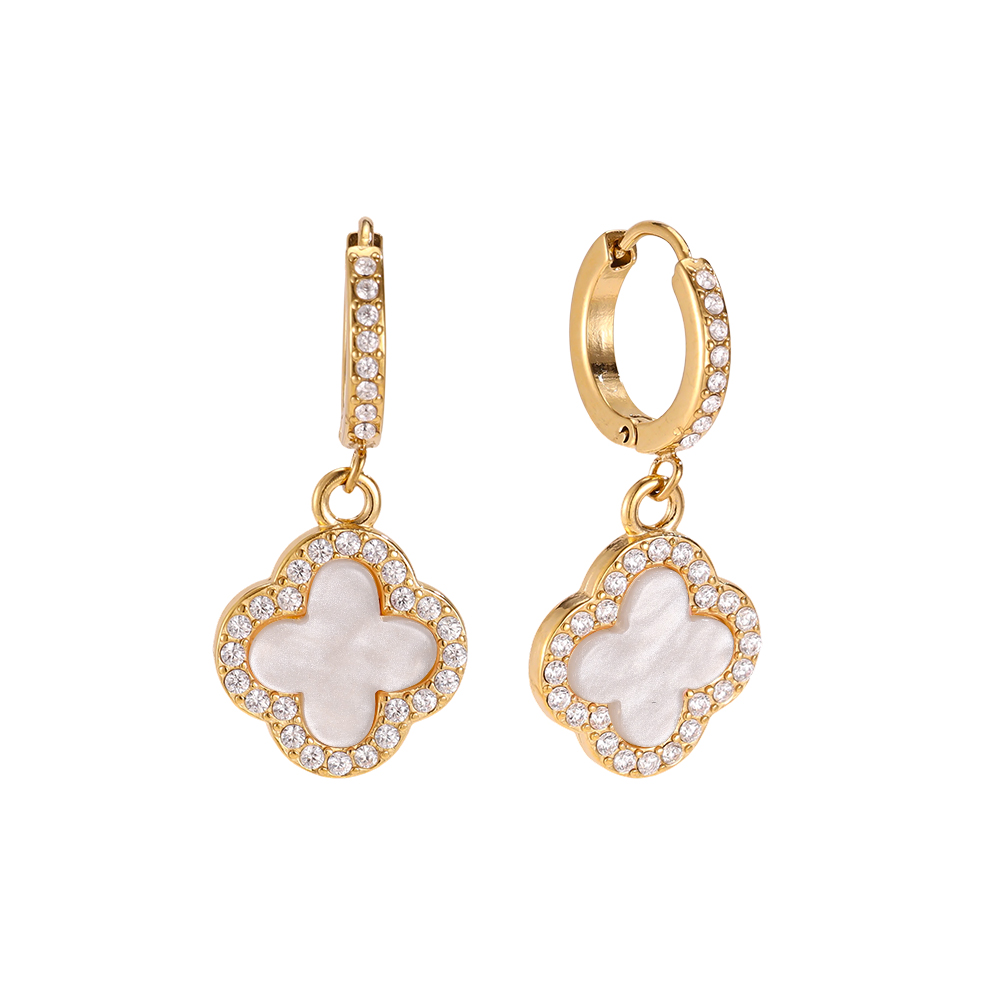 Stainless steel earrings, 25mm acrylic cloverleaf with a zirconia border