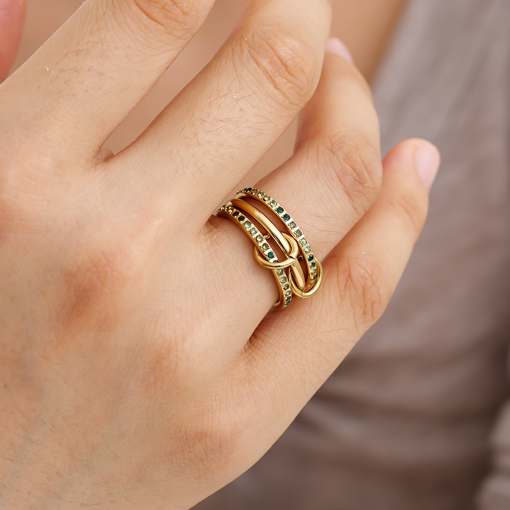 Three Layer Green Colour Gradient Diamond Stainless Steel Ring    