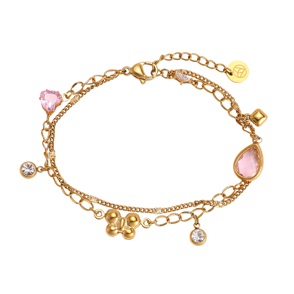 Stainless steel bracelet, 17 cm, with pink glass and a gold butterfly