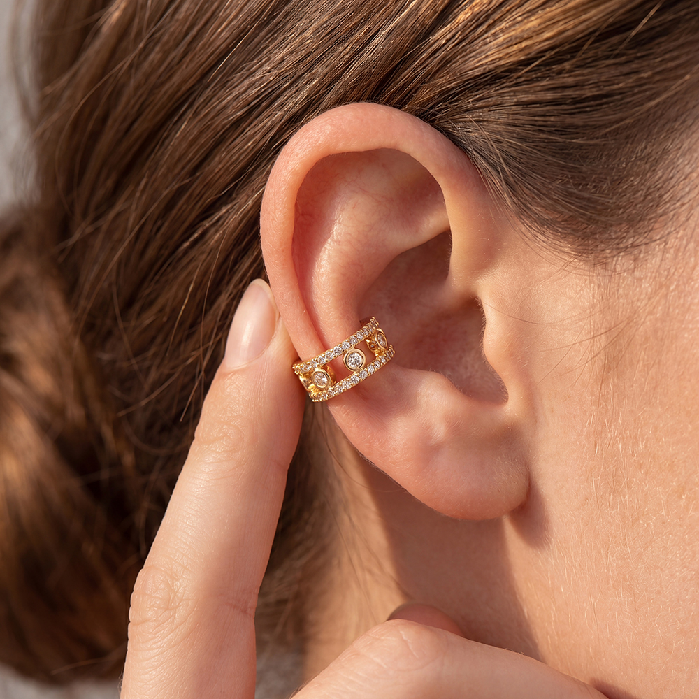 15mm double chain zirconia gold-plated ear cuffs