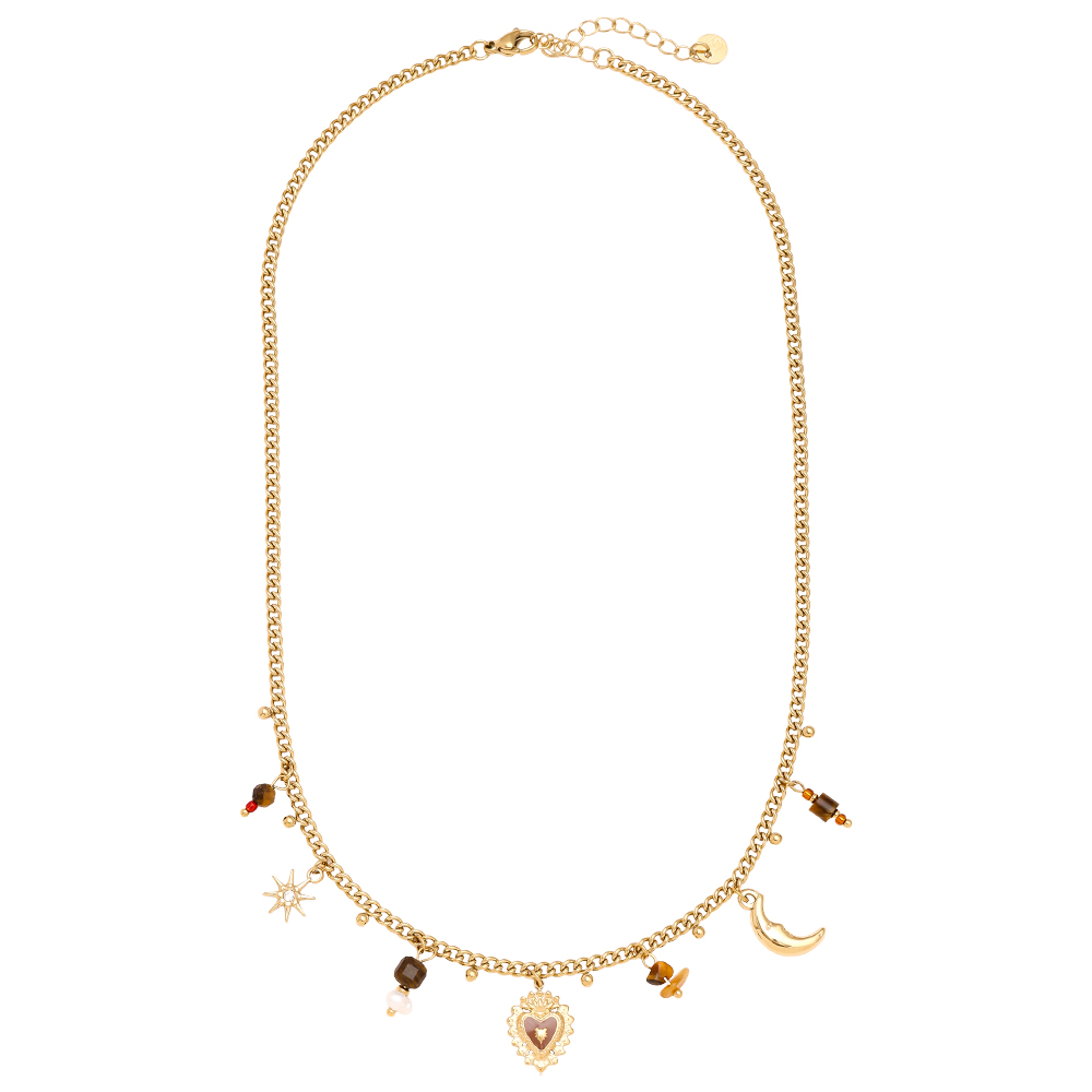 42cm Natural Stone And Charms Stainless Steel Necklace   