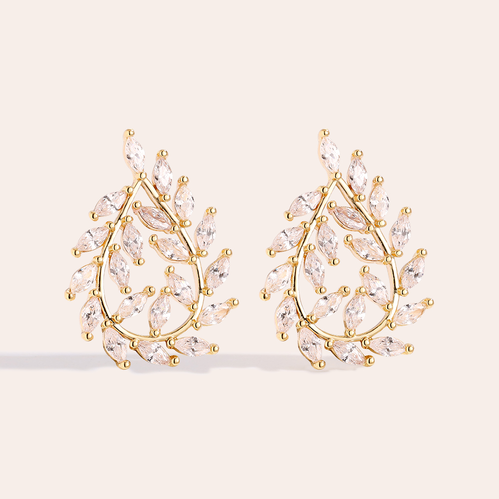25mm Sparkling Diamond Leaf Gold-Plated Earrings     