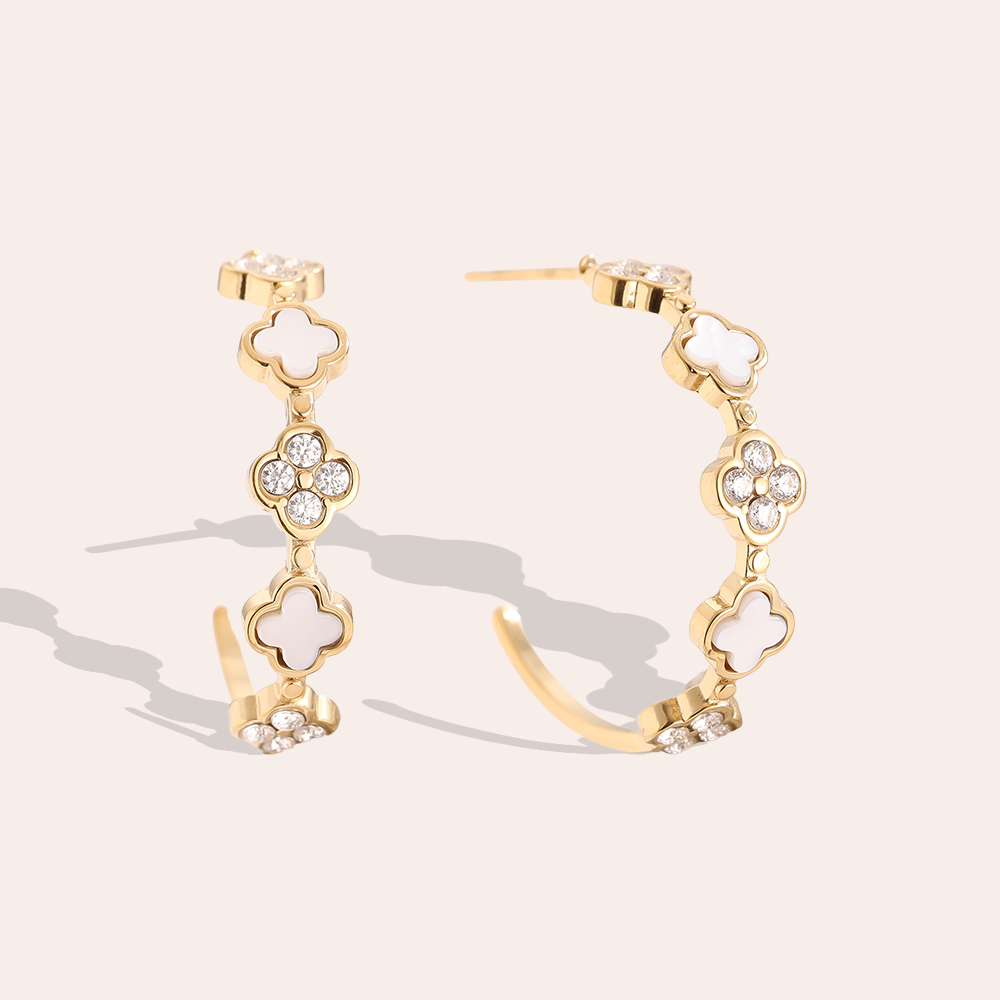 25mm Lucky Flower Half Hoop Stainless Steel Earrings    