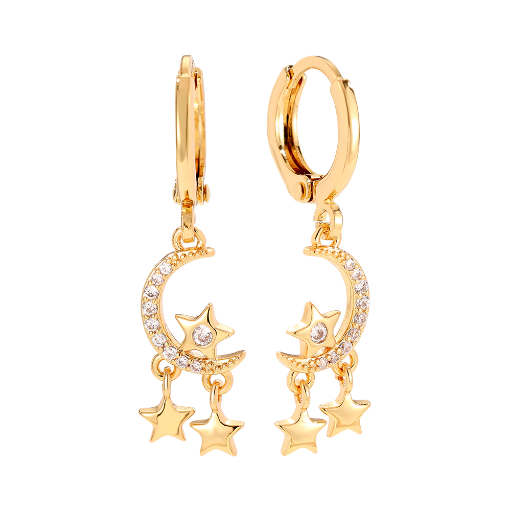 3.2cm Diamond Moon And Mini Stars Gold Plated Earrings        