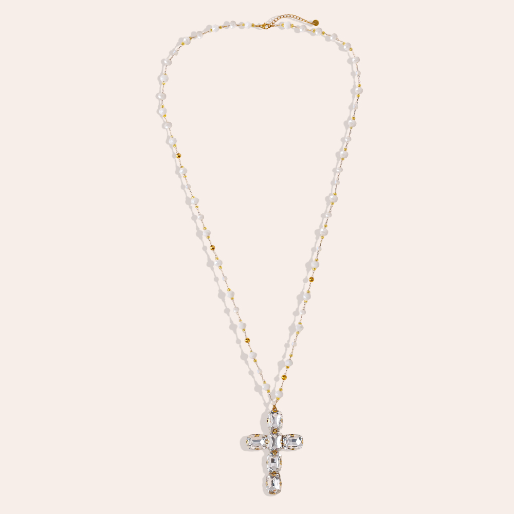 86cm Glass Crystal Cross Stainless Steel Necklaces