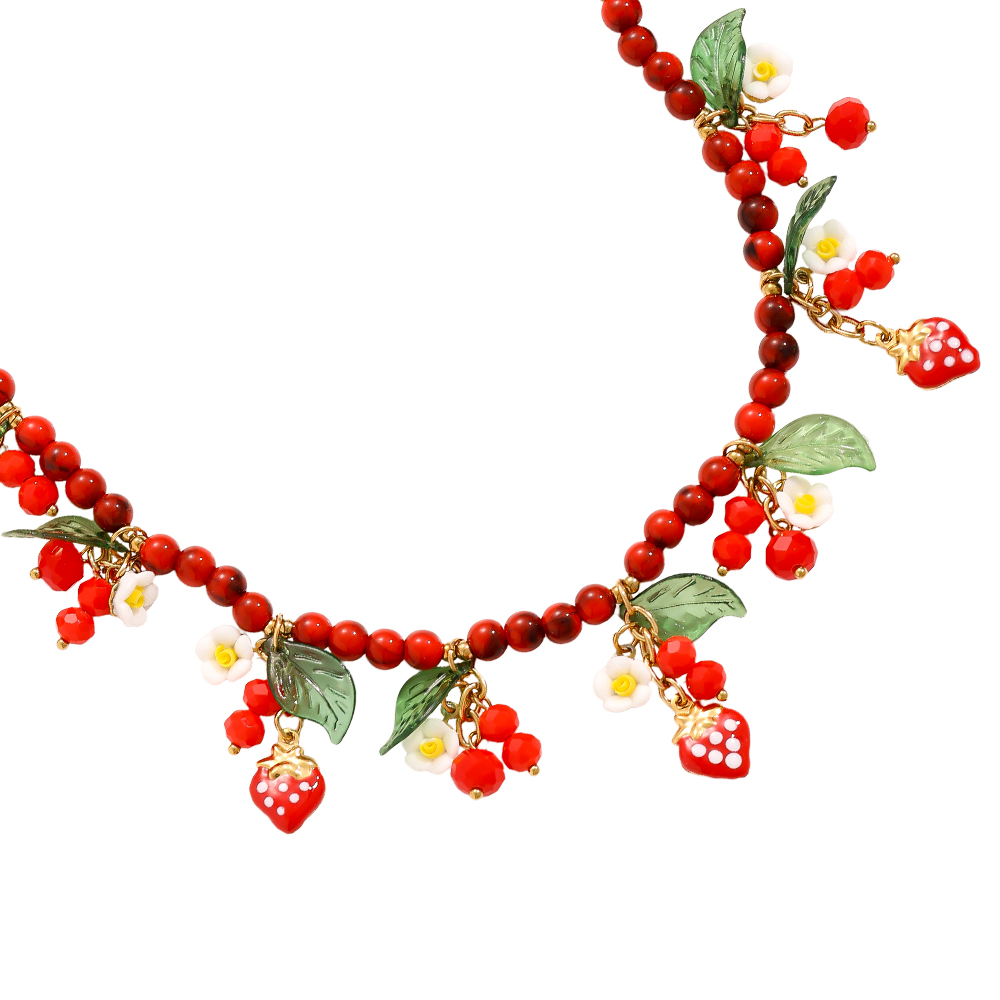 Stainless steel necklace 42cm acrylic beads with strawberries and flowers