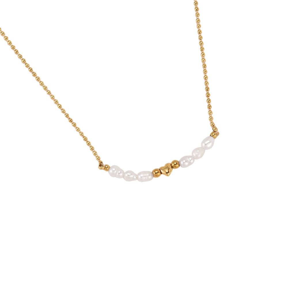 Stainless steel necklace, 42cm, with a pearl and a mini heart 