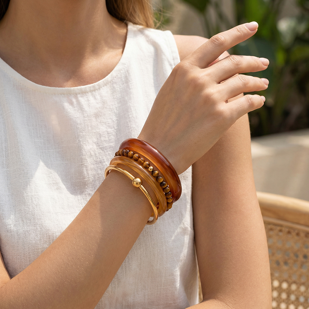 Stainless steel bangle set 6.5cm width 4 pieces acrylic 