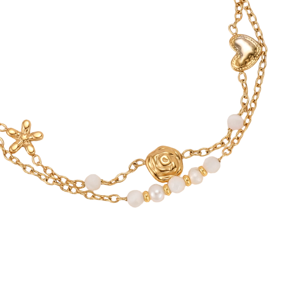 16.5cm flower rose heart beads double chain stainless steel bracelet