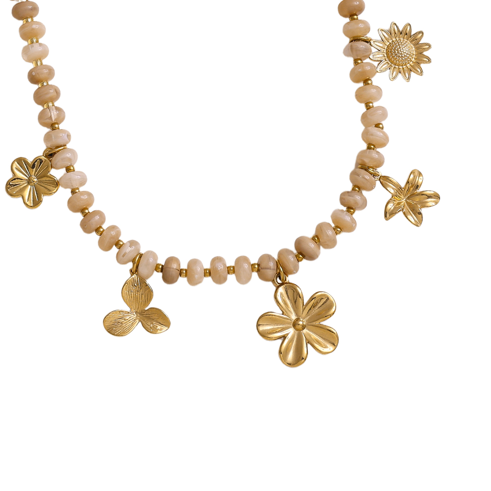47cm small acrylic beads and golden flowers stainless steel necklace    