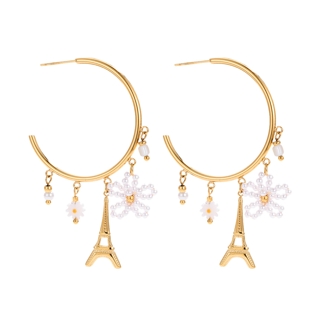 Stainless steel earrings 55mm white flowers and a tower