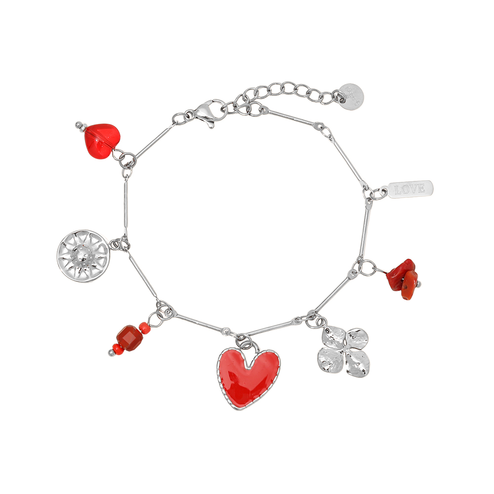 16cm red heart and flower stainless steel bracelet     