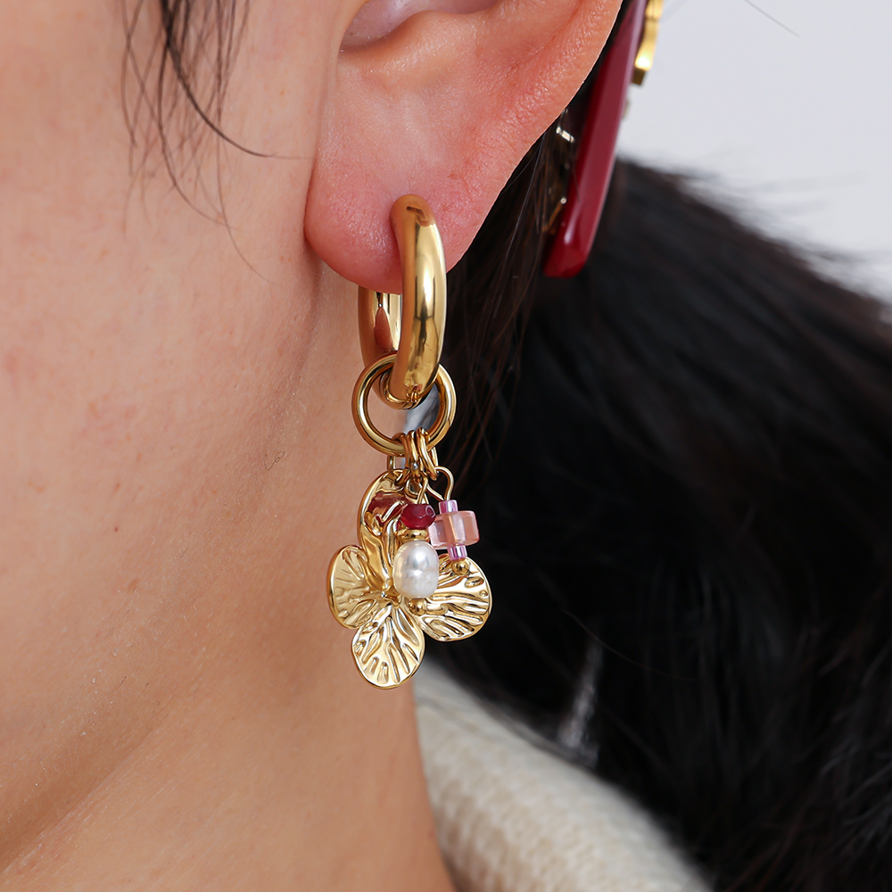 45mm flower freshwater pearls and natural stone stainless steel earrings 
