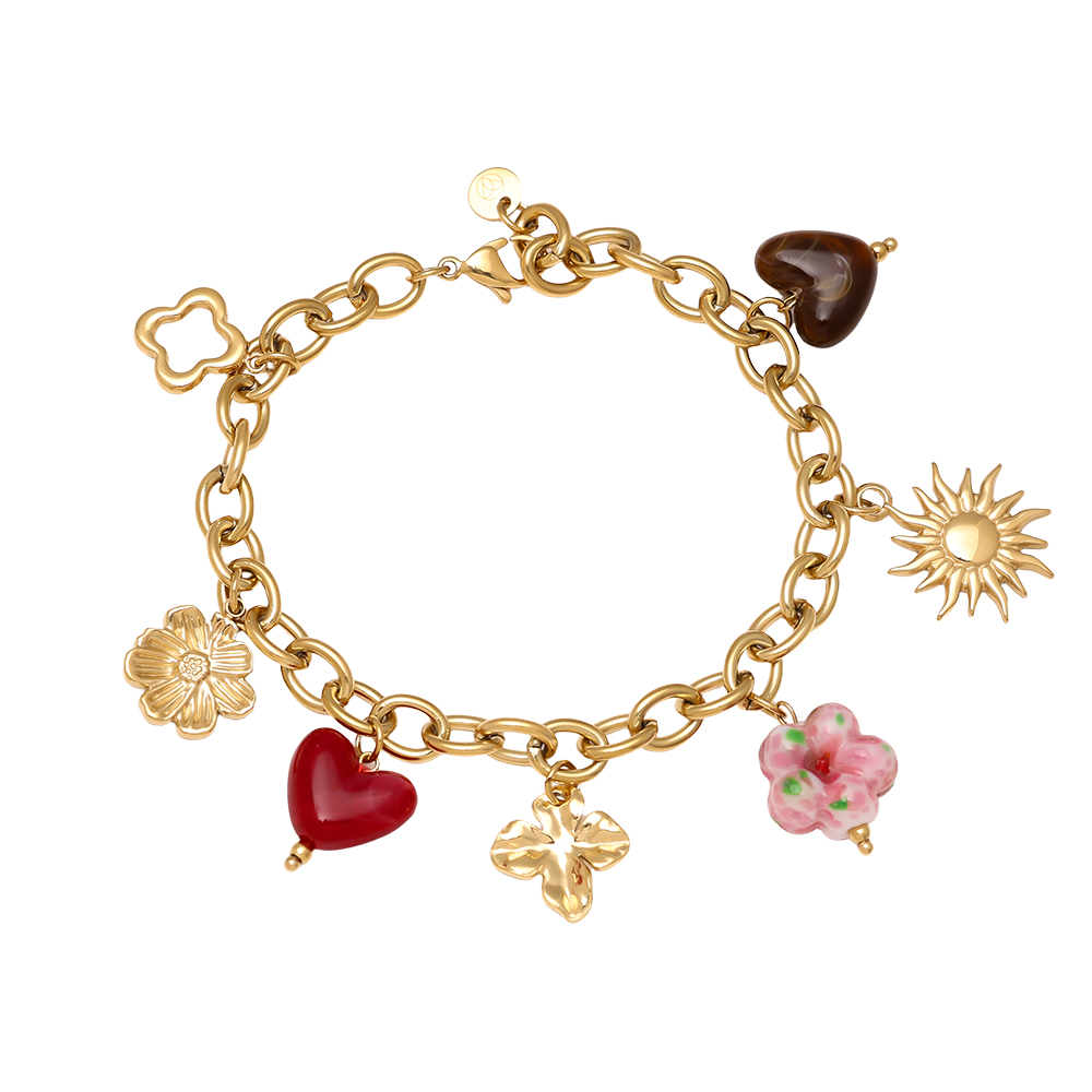 17cm acrylic heart flower beads stainless steel bracelet