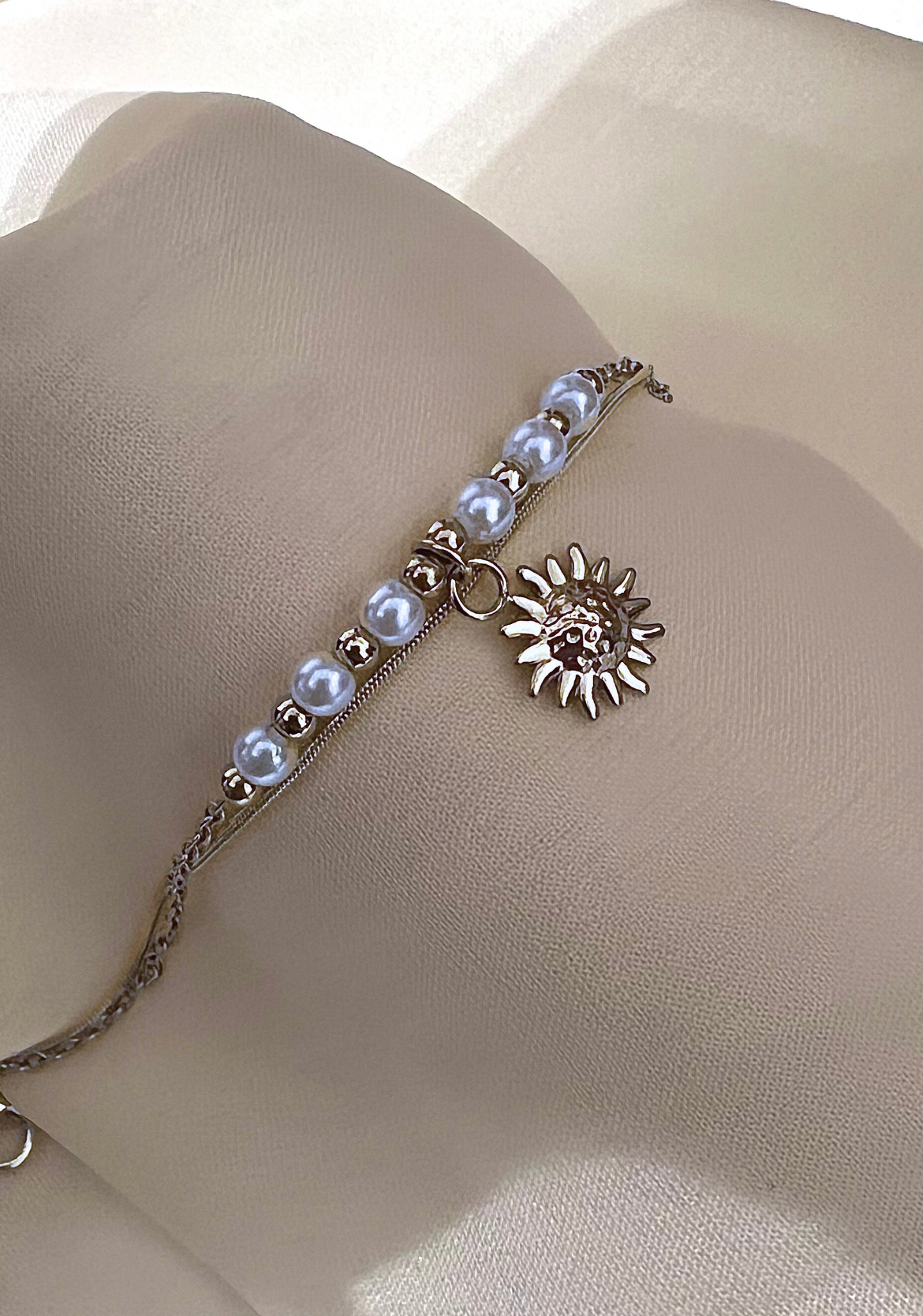 15cm Two Chain Sunflower And Pearl Stainless Steel Bracelet   