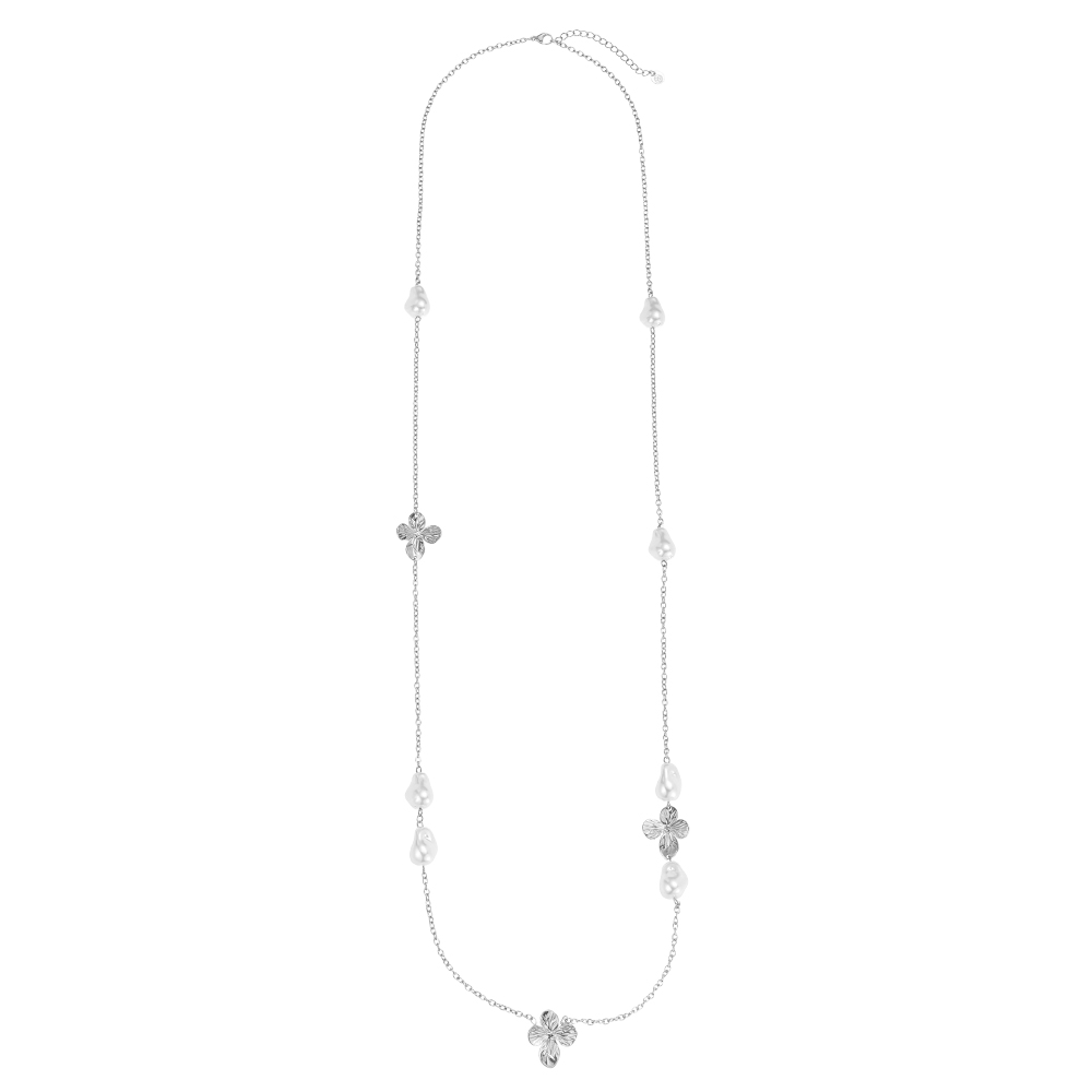 Stainless steel necklace 95cm flowers and pearls