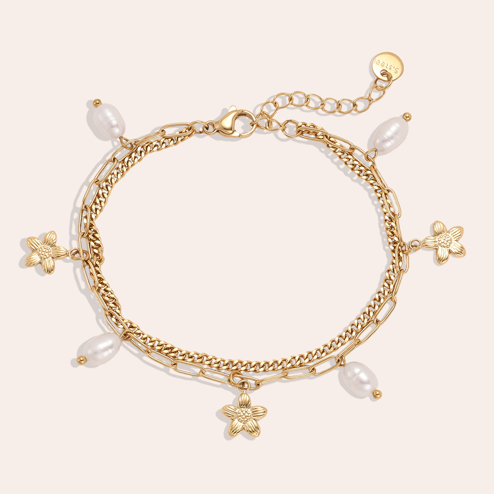 Stainless steel bracelet 17cm double row with golden flower and pearls