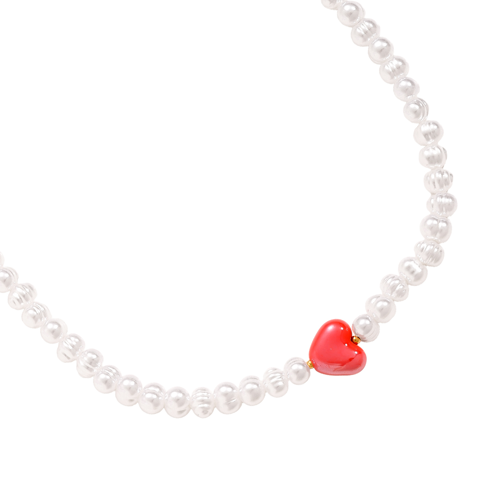 41cm Red Heart In Big Pearl Chain Stainless Steel Necklace   