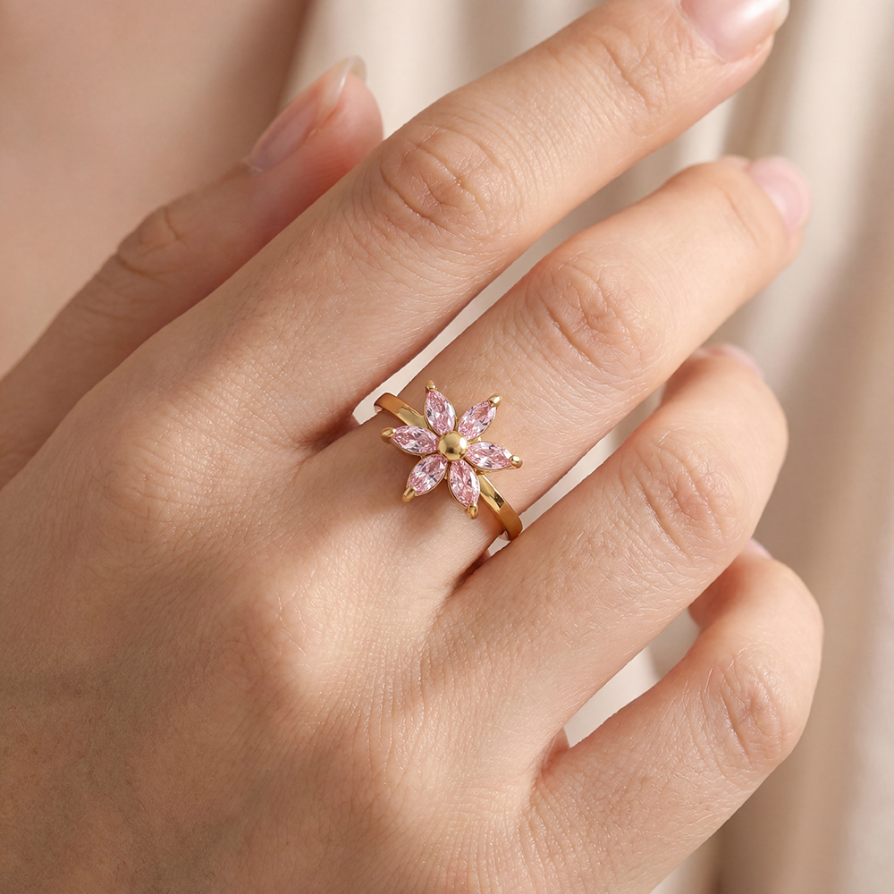 Stainless steel ring Adjustable pink zirconia flower