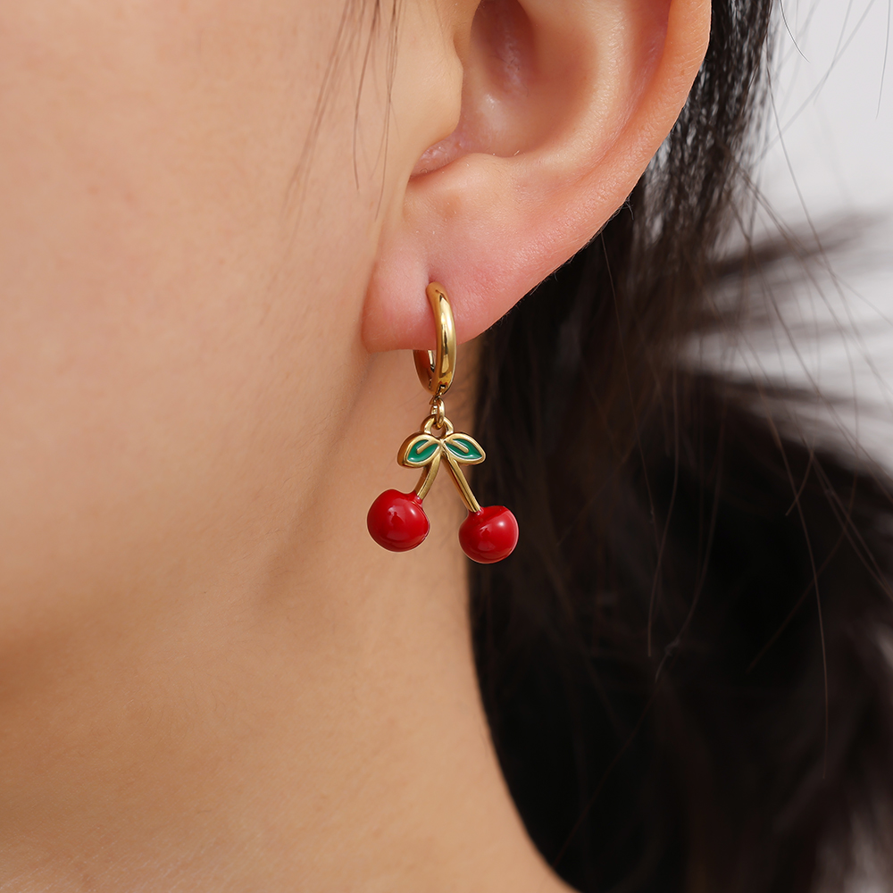 1.6*2.8cm Red Cherry Stainless Steel Earrings    