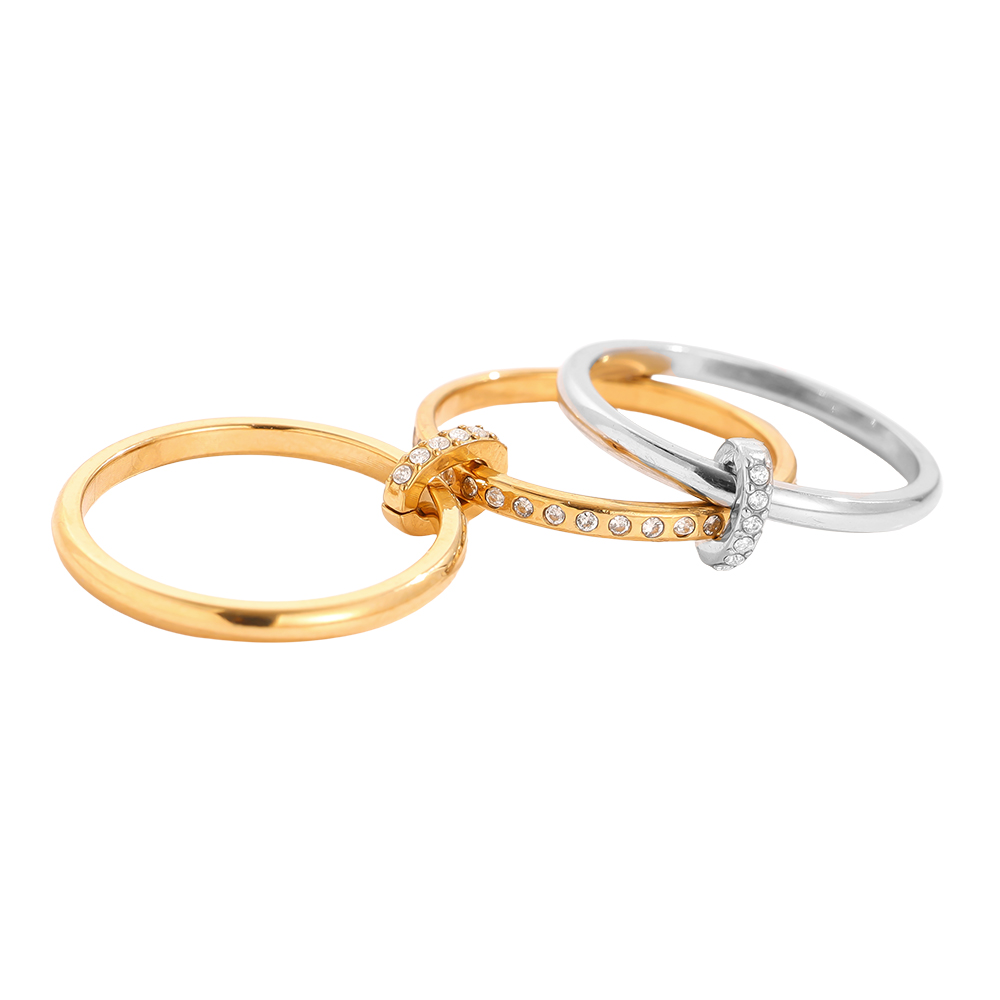 Three Layer Gold And Silver Diamond Ring Set With Lock Stainless Steel Ring    