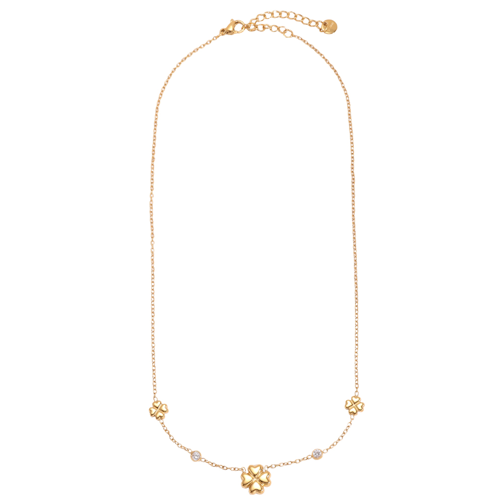 Stainless steel necklace 41cm cloverleaf with zirconia dots