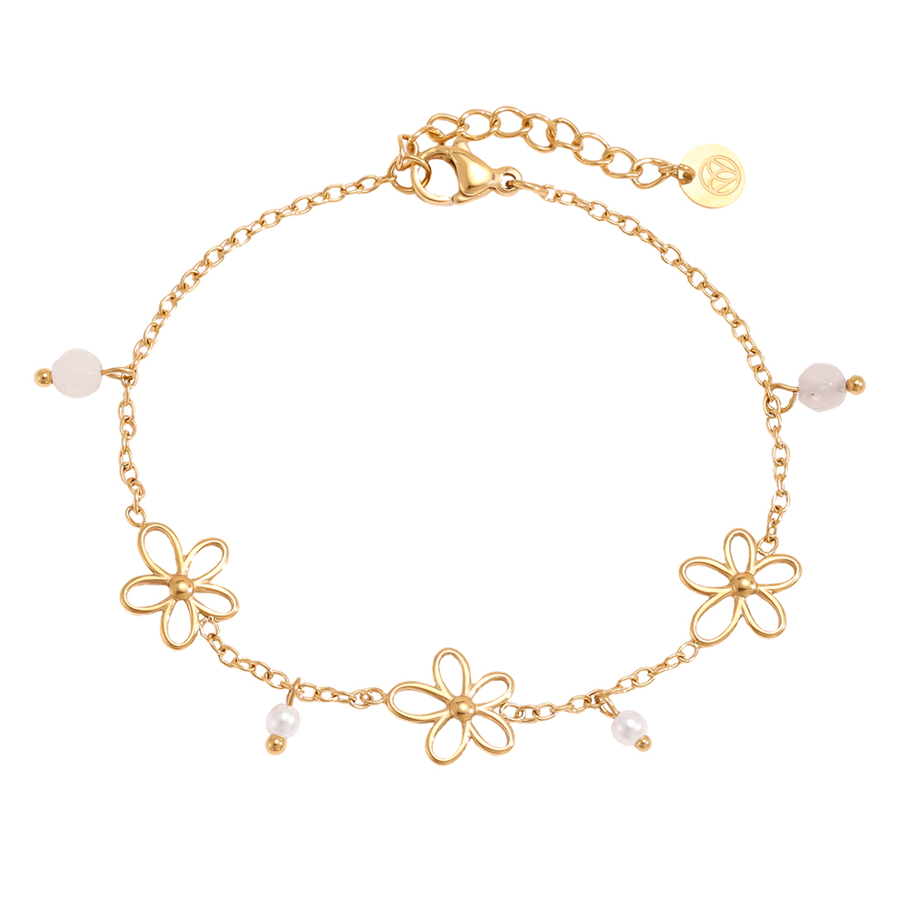 Stainless steel bracelet 17cm Simple flowers and beads