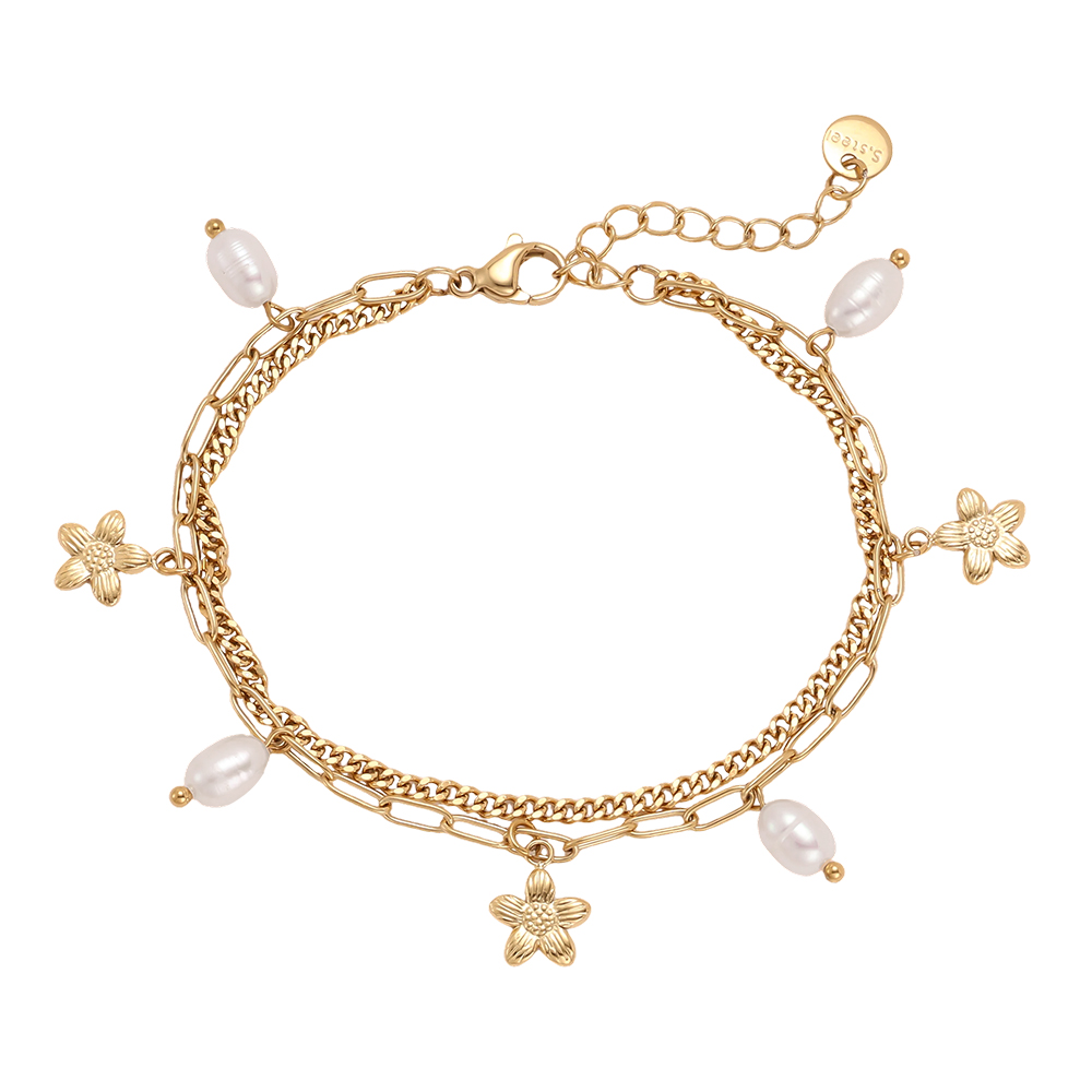 Stainless steel bracelet 17cm double row with golden flower and pearls