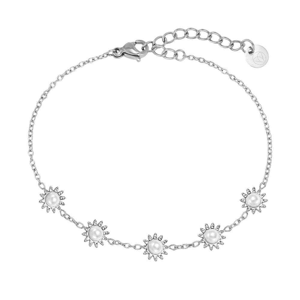 Stainless steel bracelet 17cm five sunflowers with faux pearls  