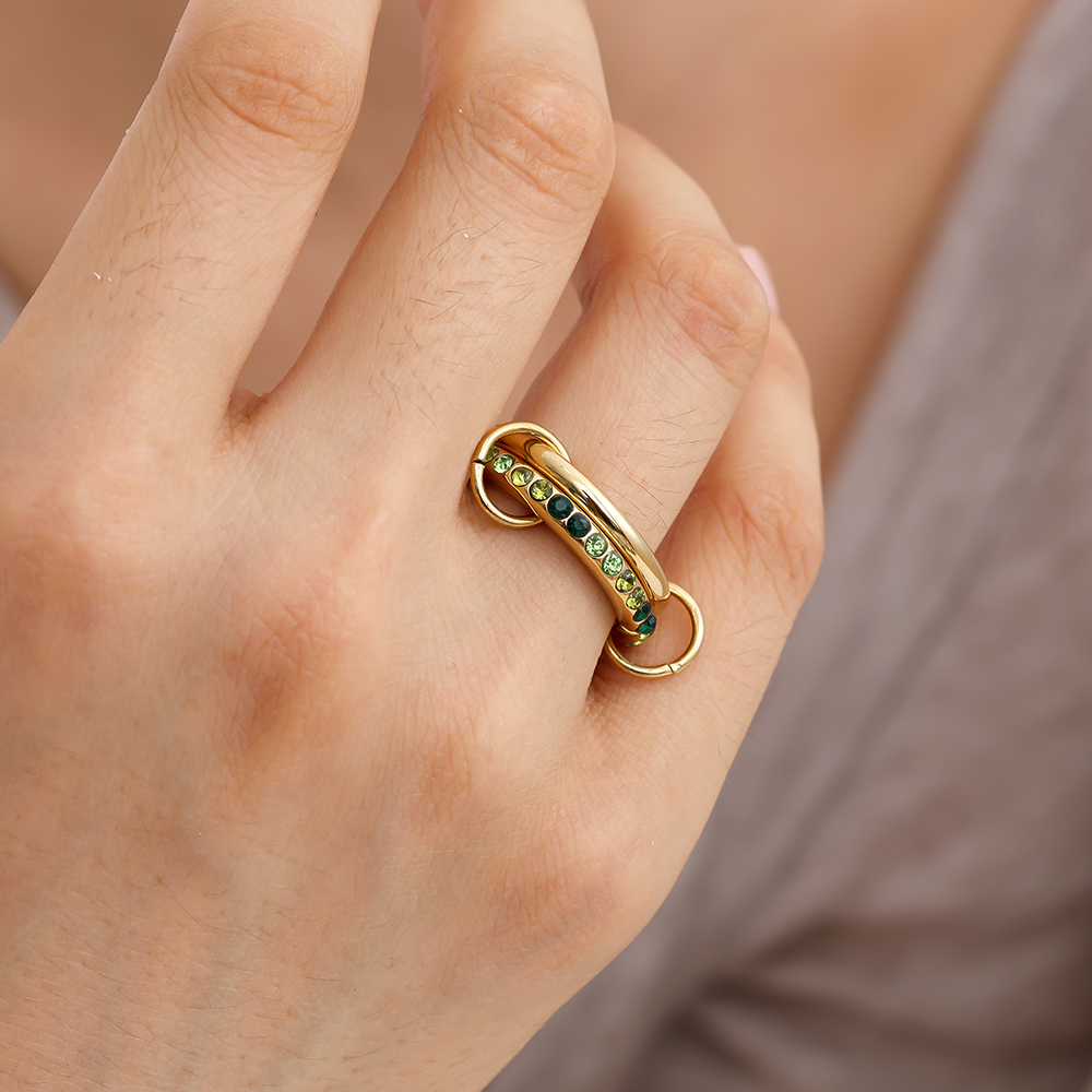 Two Layer Green Colour Gradient Diamond Stainless Steel Ring    