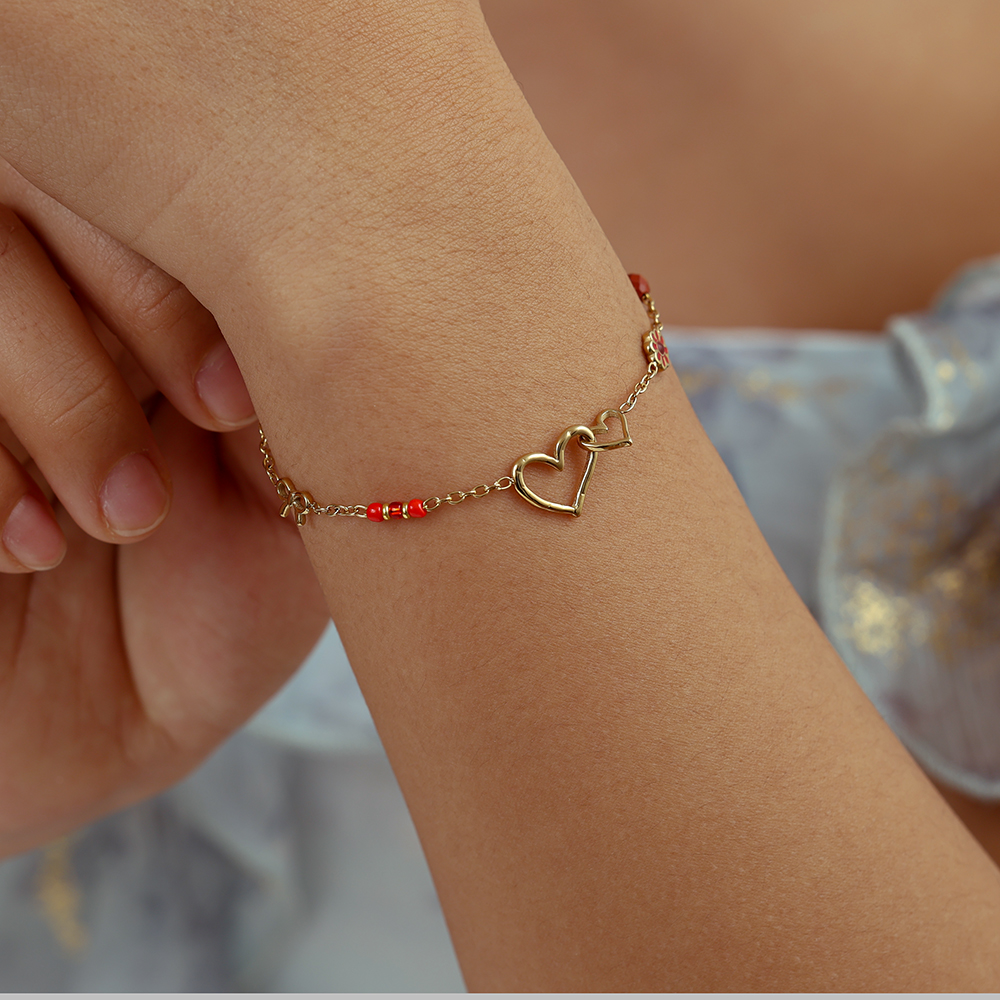 17cm heart bow and red flower stainless steel bracelet    