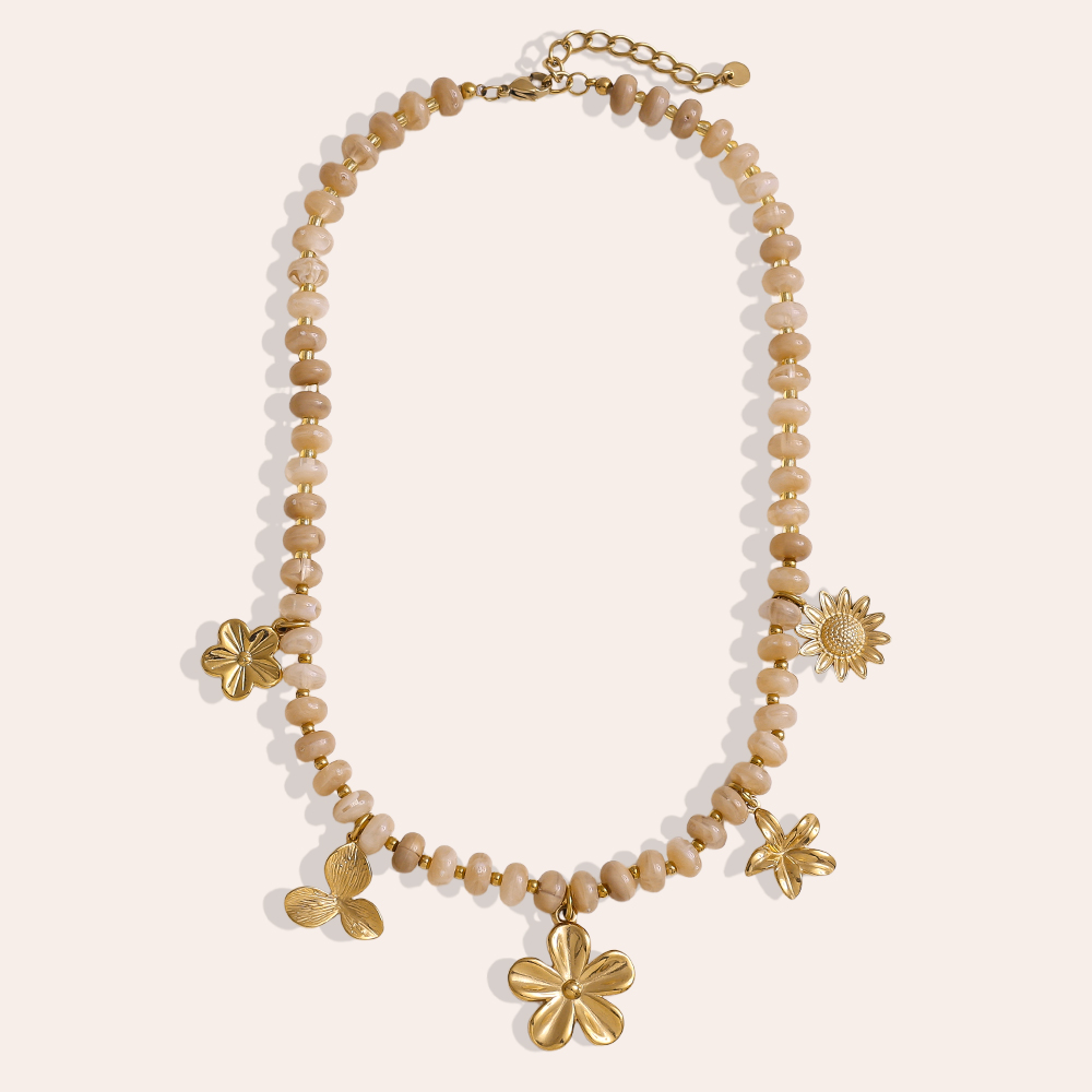 47cm small acrylic beads and golden flowers stainless steel necklace    