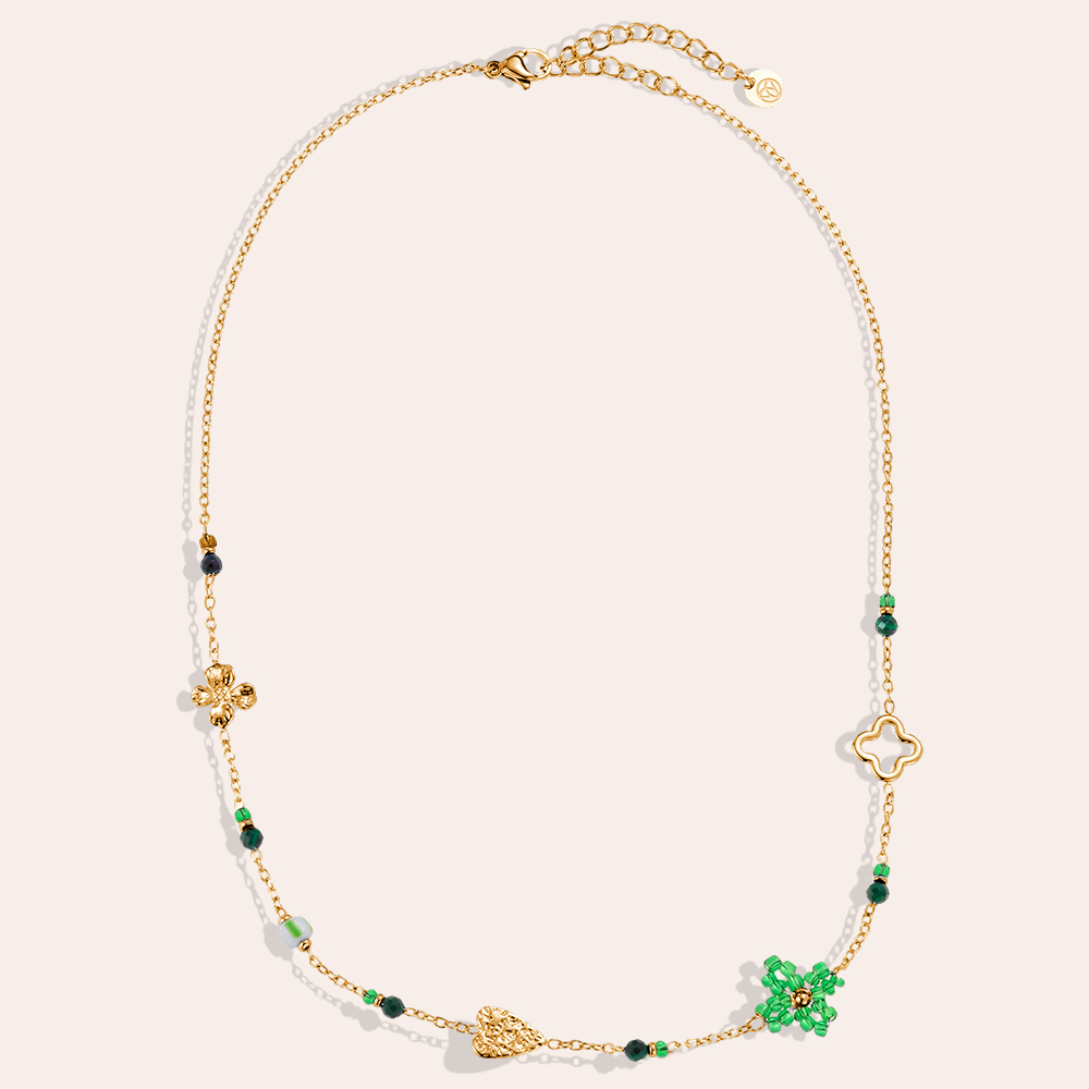 40cm flower heart and green beads stainless steel necklace  