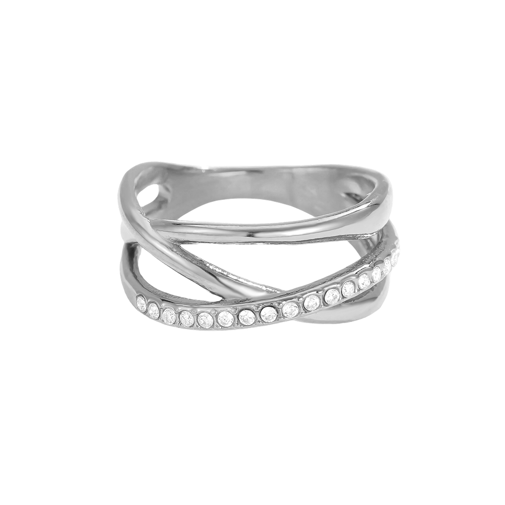 Crossed rhinestone stainless steel ring