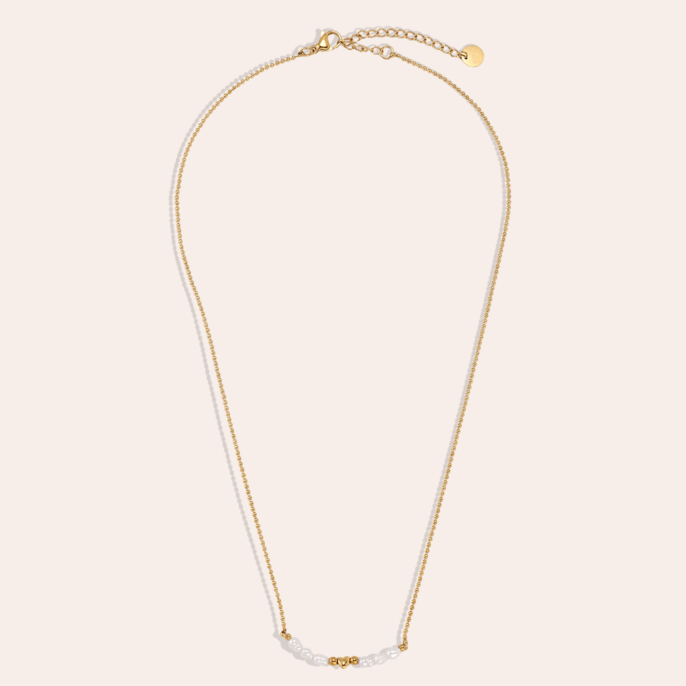 Stainless steel necklace, 42cm, with a pearl and a mini heart 