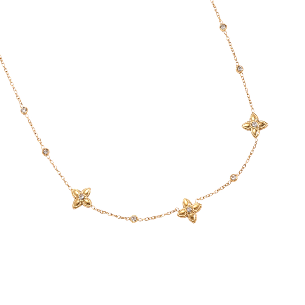 Stainless steel necklace, 41 cm, four-leaf clover with cubic zirconia