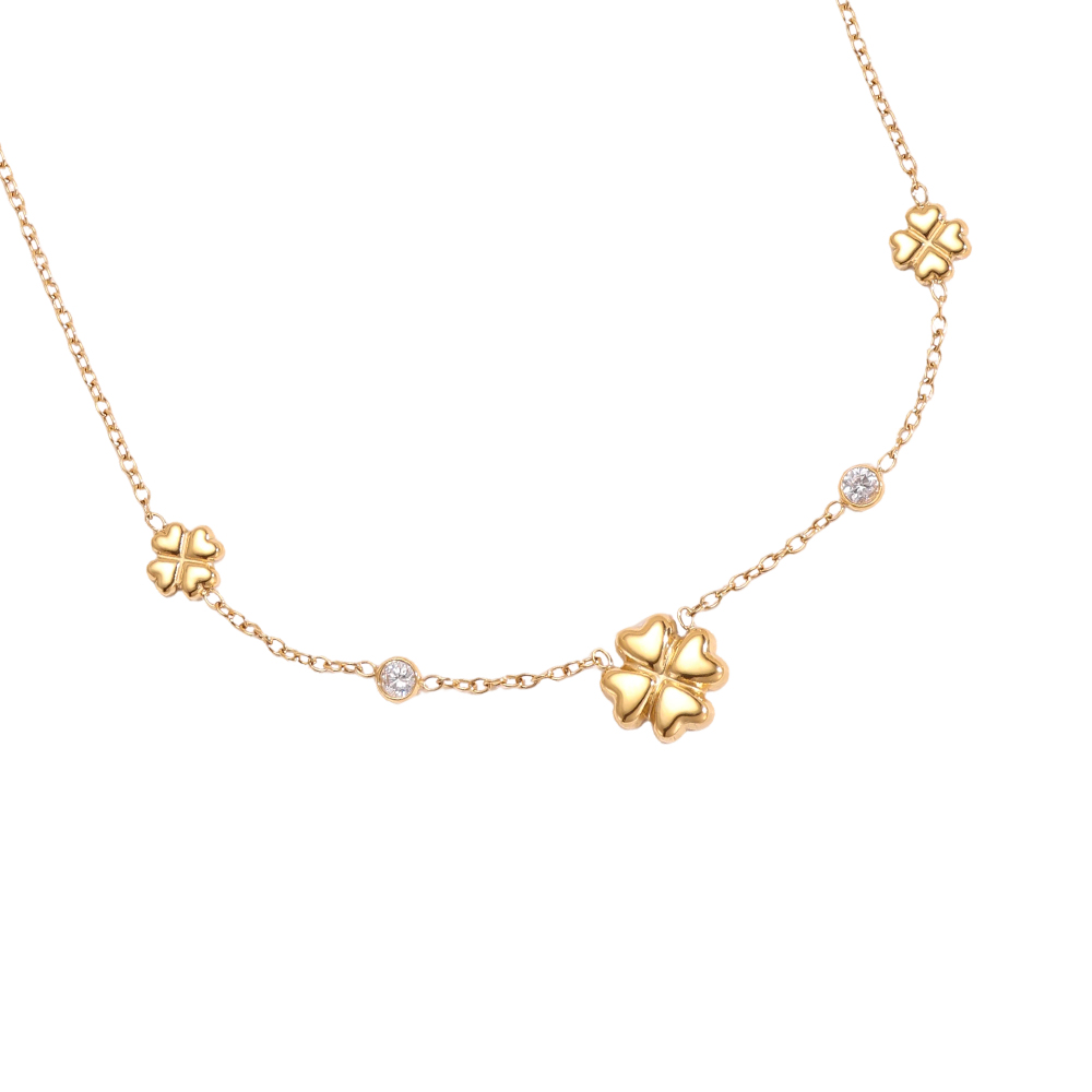 Stainless steel necklace 41cm cloverleaf with zirconia dots