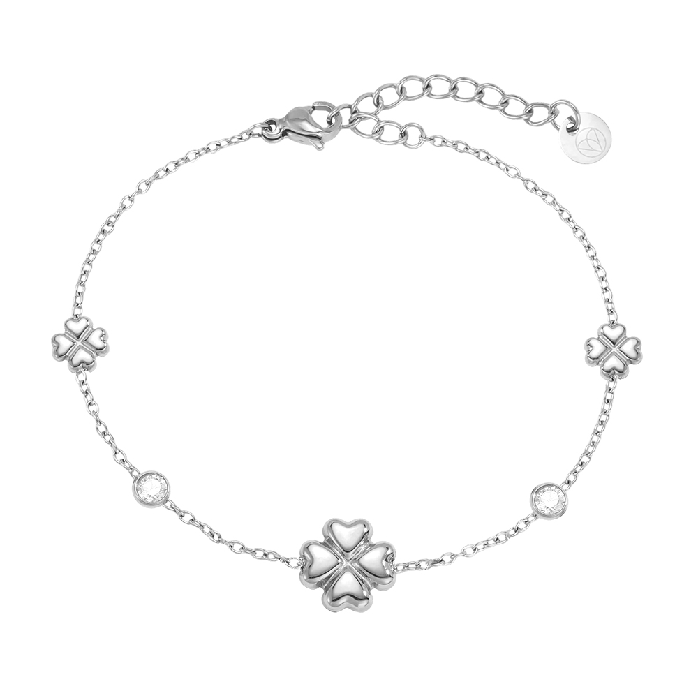 Stainless steel bracelet 16.5cm cloverleaf with zirconia dots