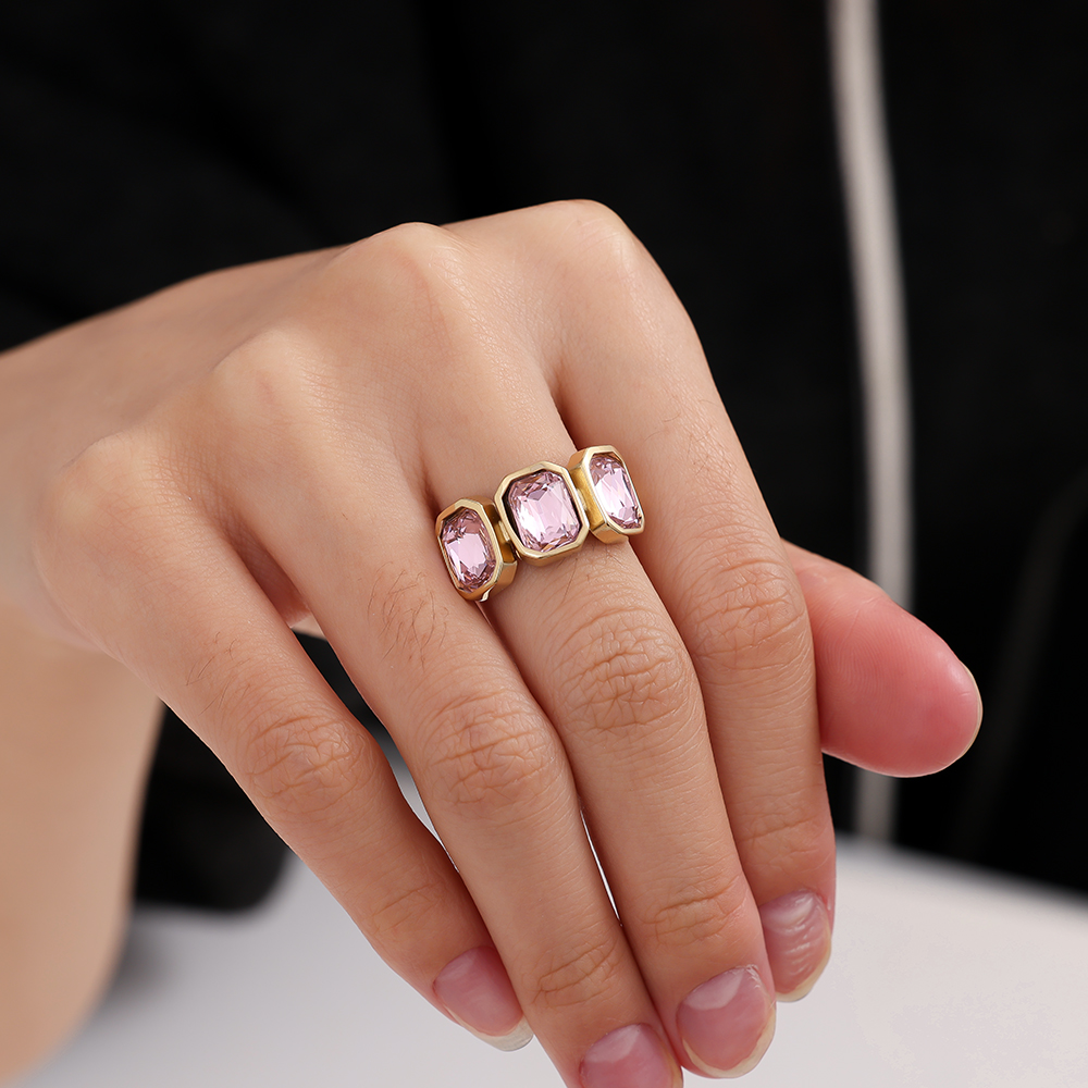 Adjustable open glass stone stainless steel ring 