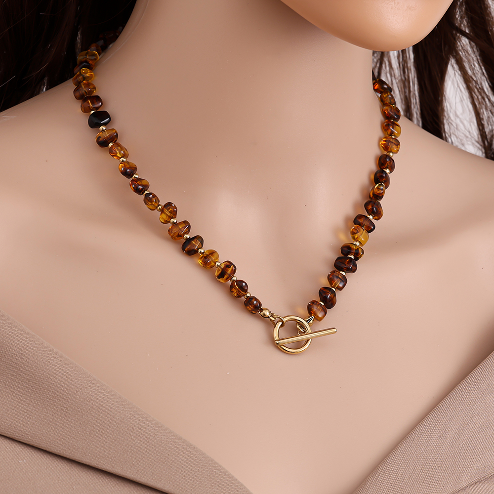 45cm Acrylic Brown Beads Stainless Steel Necklace   