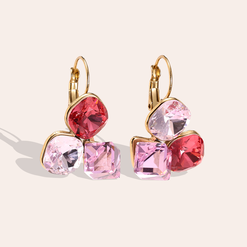 Stainless steel earrings, 30 × 21 mm. Three large glass stones in different colours